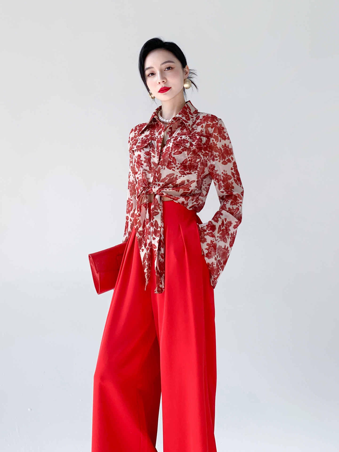 Vintage Fashion Hong Kong - Red Floral Print Chiffon Shirt Women's