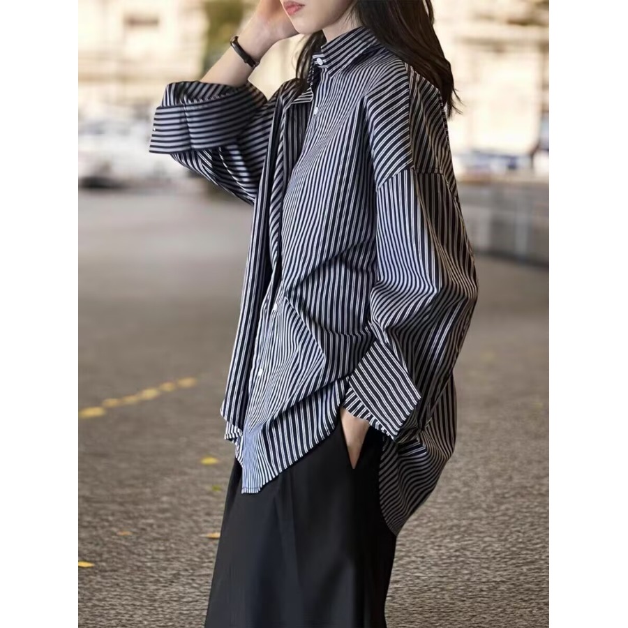 Blue Striped Loose Long Sleeve - Vintage Fashion Hong Kong 리뷰 및 가격