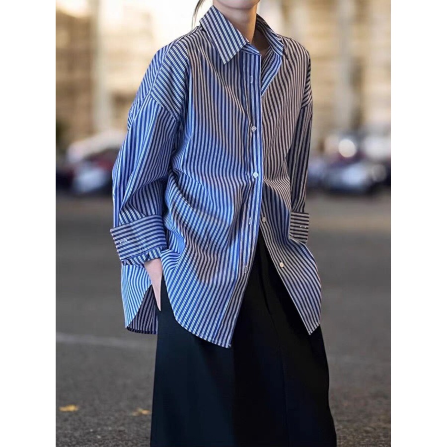 Blue Striped Loose Long Sleeve - Vintage Fashion Hong Kong 리뷰 및 가격