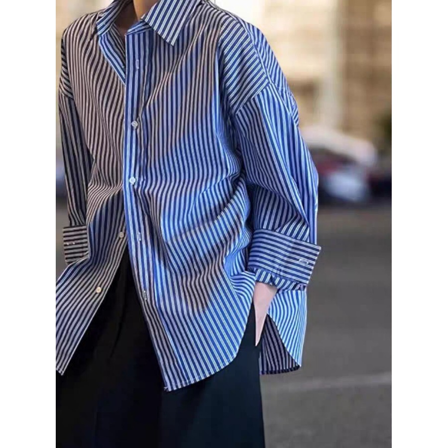 Blue Striped Loose Long Sleeve - Vintage Fashion Hong Kong 리뷰 및 가격