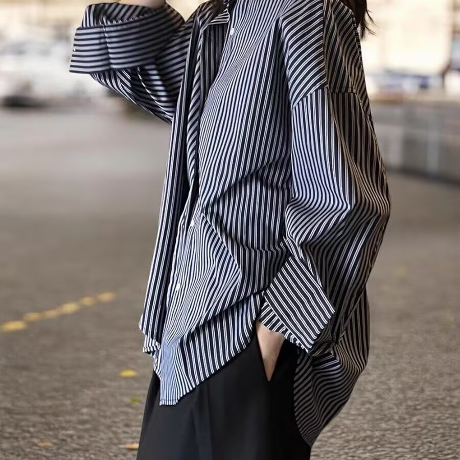 Blue Striped Loose Long Sleeve - Vintage Fashion Hong Kong 리뷰 및 가격