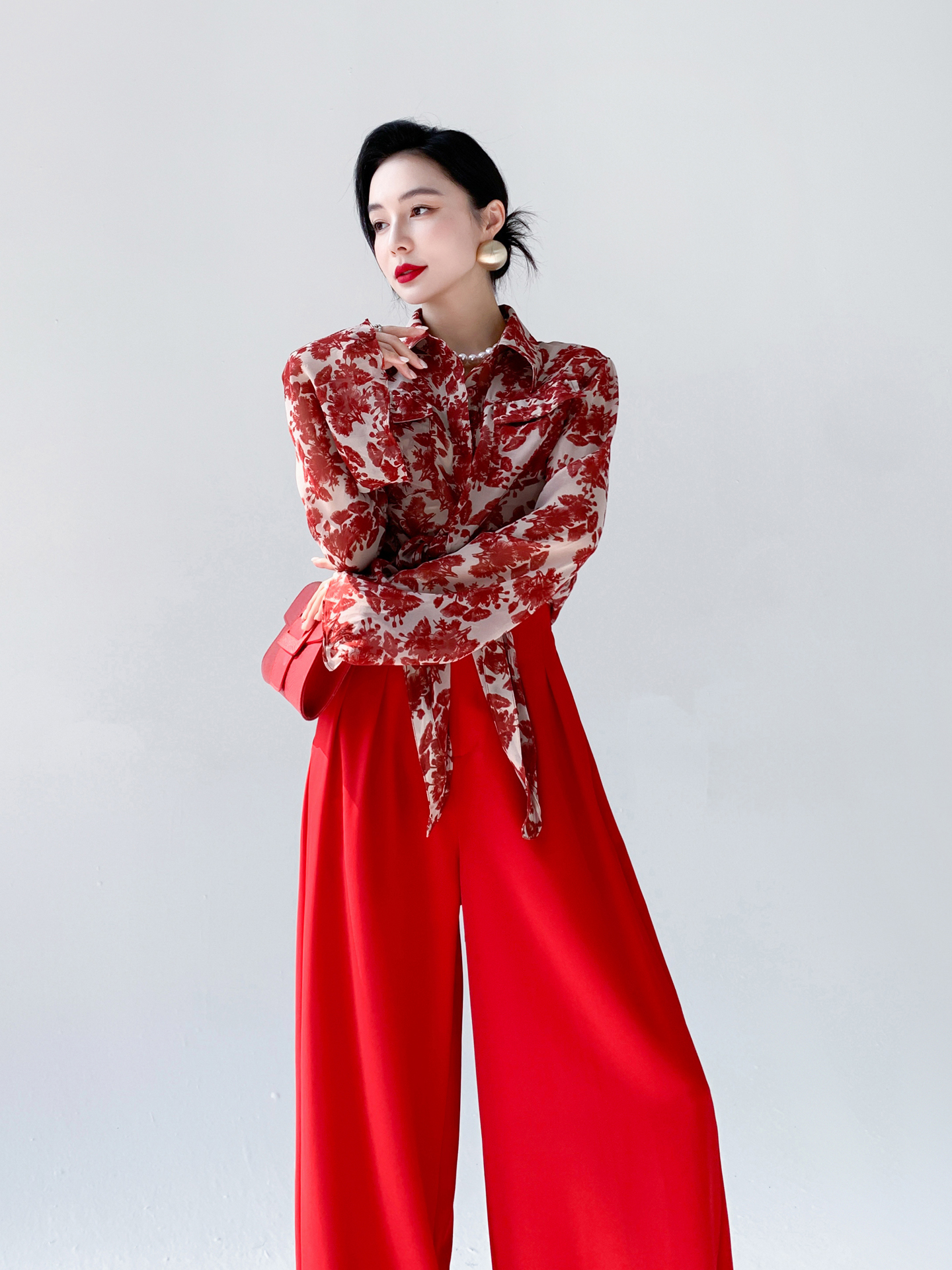 Red Floral Print Chiffon Shirt - Vintage Fashion Hong Kong 리뷰 및 가격