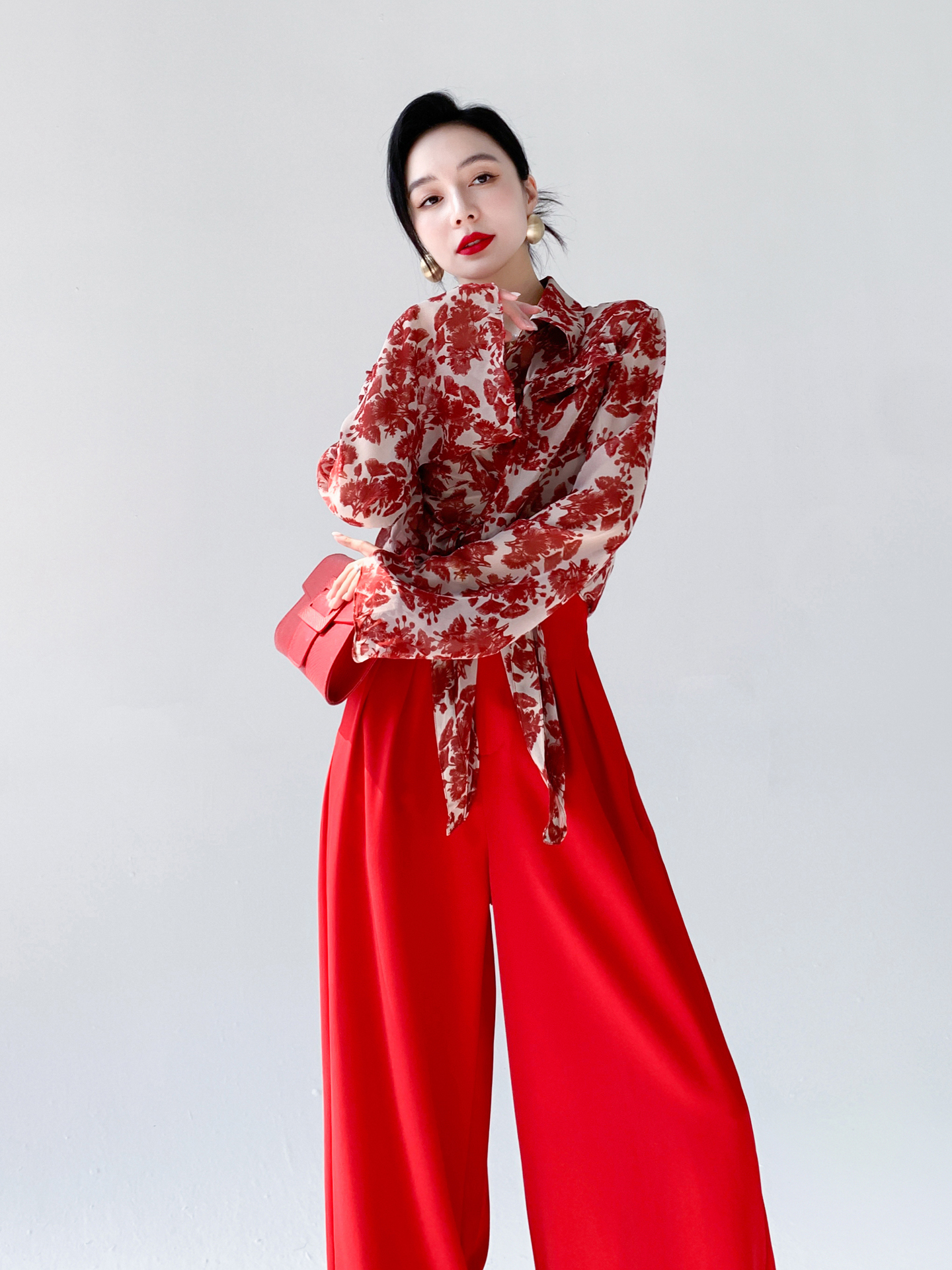 Red Floral Print Chiffon Shirt - Vintage Fashion Hong Kong 리뷰 및 가격
