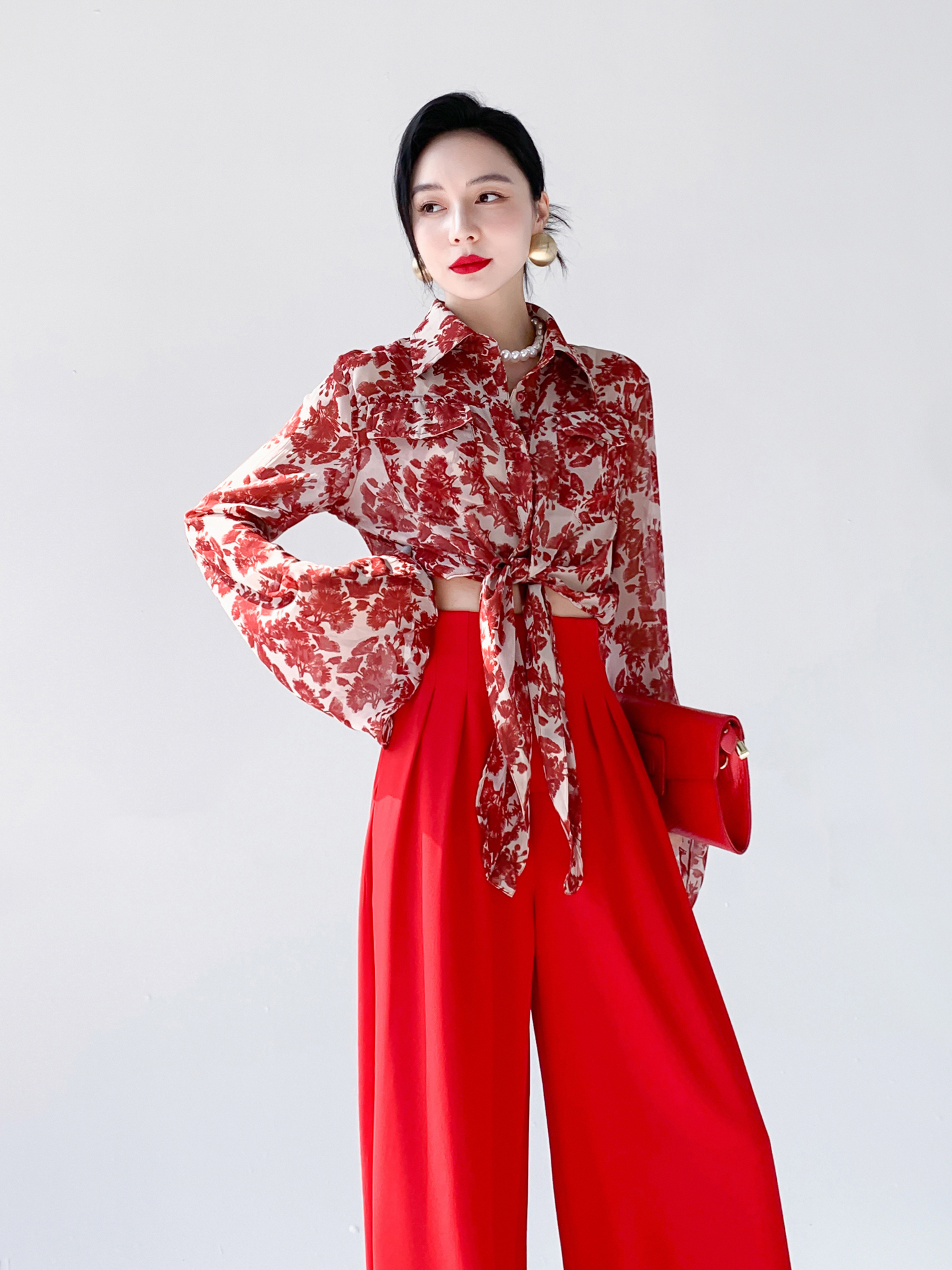Red Floral Print Chiffon Shirt - Vintage Fashion Hong Kong 리뷰 및 가격