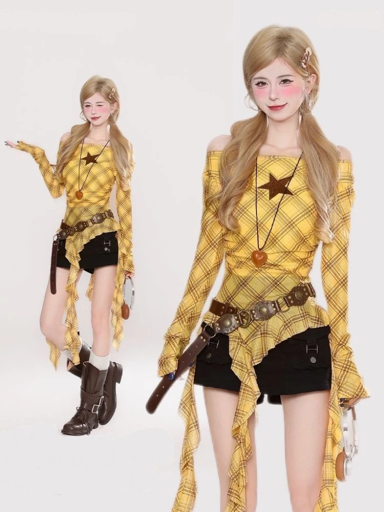 Y2K Plaid Slash Neck Vintage T - Vintage Y2K 리뷰 및 가격