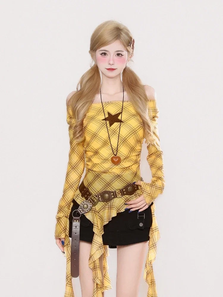 Y2K Plaid Slash Neck Vintage T - Vintage Y2K 리뷰 및 가격