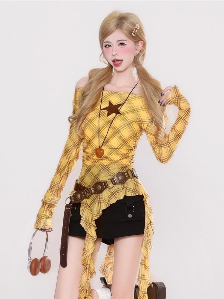 Y2K Plaid Slash Neck Vintage T - Vintage Y2K 리뷰 및 가격
